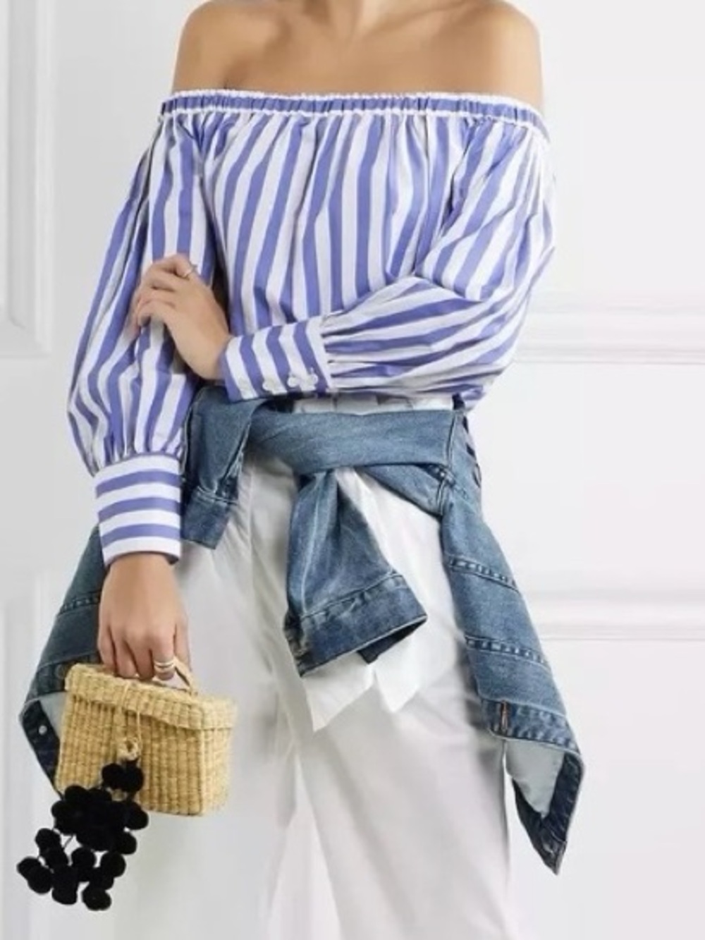 Thomas Mason For J.Crew Off Shoulder Blue White Striped Poplin Blouse